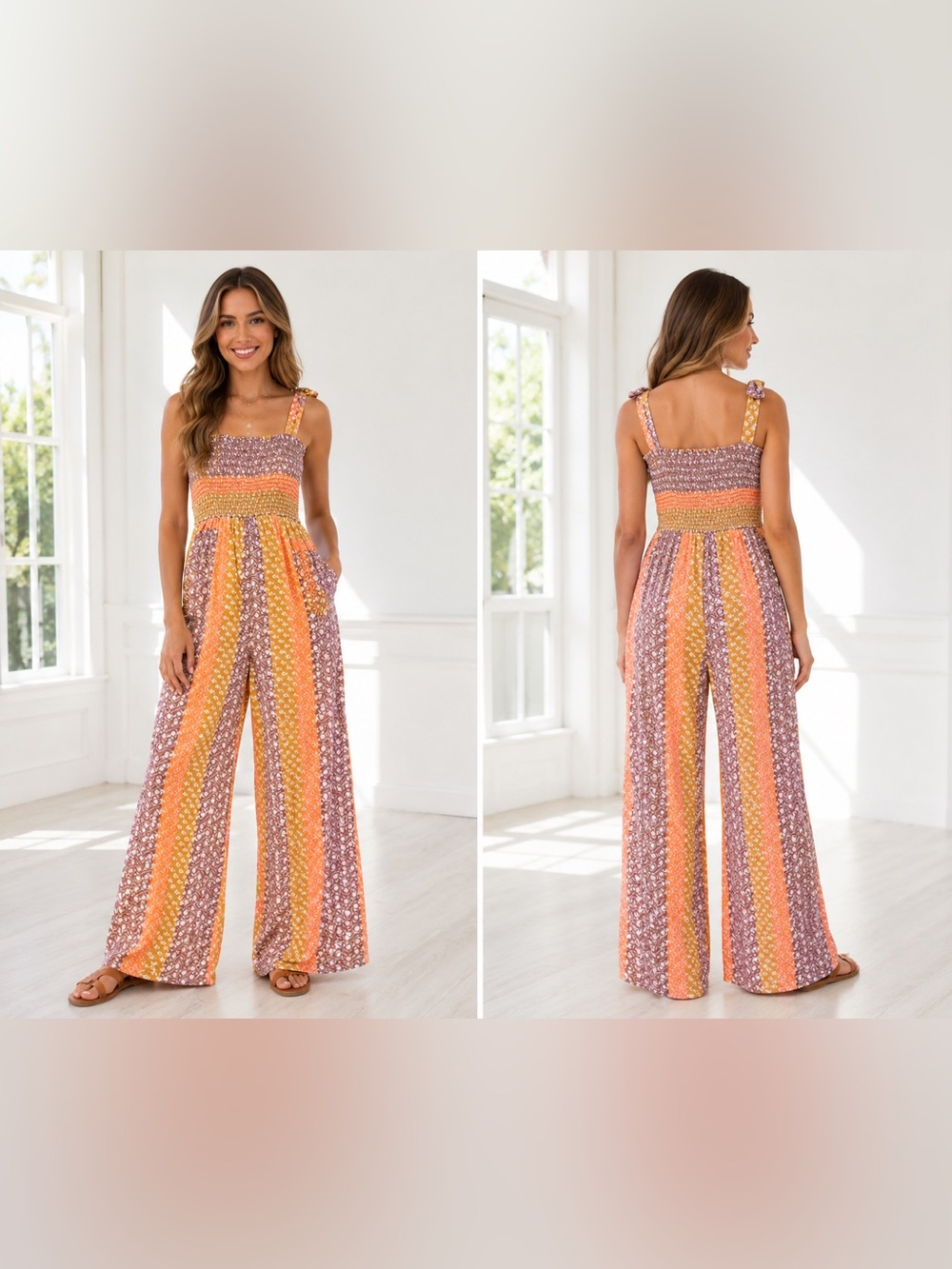 BUCKETLIST Orange & Brown Smocked Wide-Leg Jumpsuit size Med. NWOT.